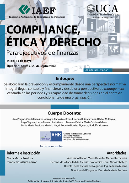 COMPLIANCE, �TICA Y DERECHO PARA EJECUTIVOS DE FINANZAS - Del 13 de mayo al 23 de septiembre - UCA