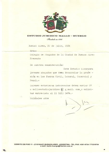 Estudio Jur�dico MALLO-HUERGO, incorpora j�venes abogados.